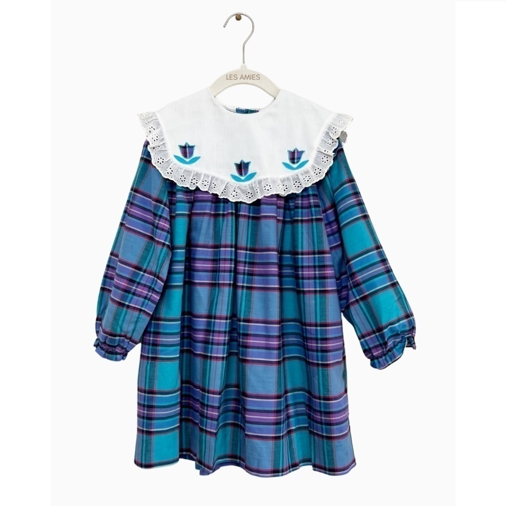 Vintage Kids Classics Girls Plaid Embroidered Collar Prairie Cottagecore Dress 6